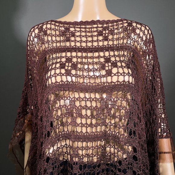 ✨NWT Cache Shawl Poncho Bronze/Brown Crochet Sequins OS✨ - Picture 2 of 10